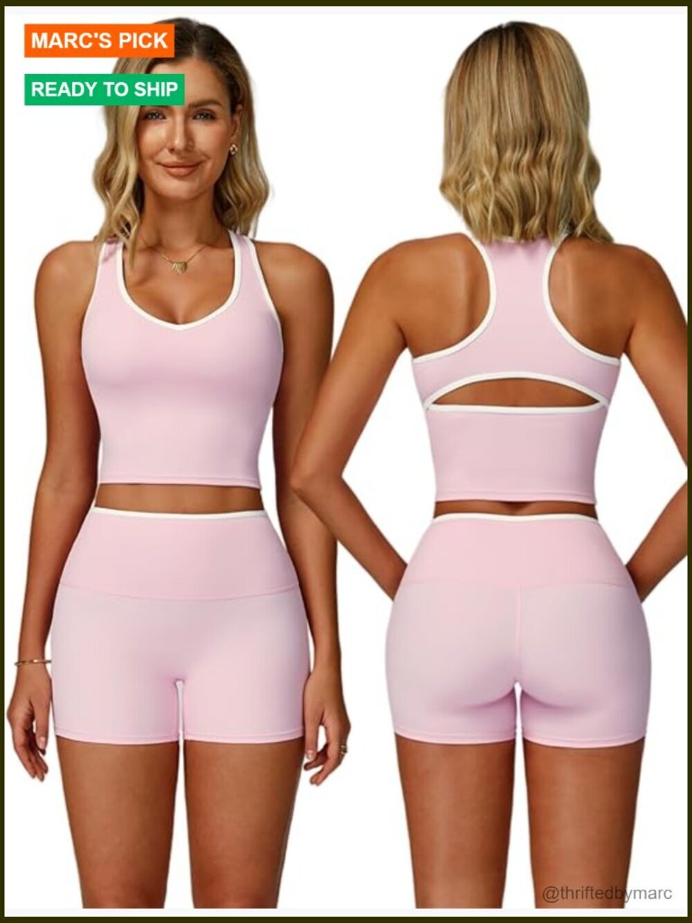 2 Piece Workout Set V Neck Racerback Tank Built in Bra High Waist Shorts